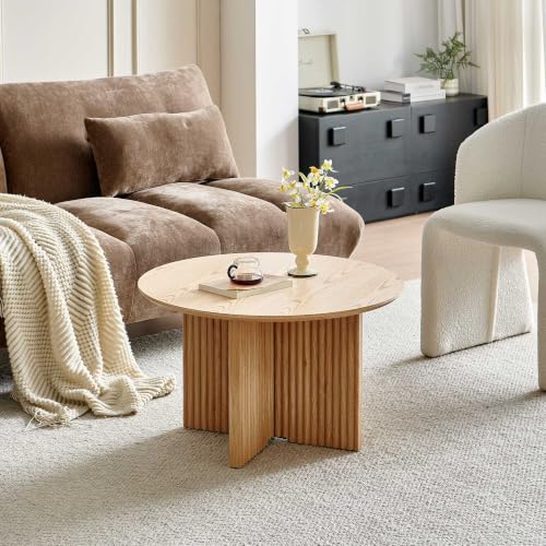 27" Round Coffee Table, Mid Century Modern Coffee Tables with Fluted Base, Wooden Circle Accent Center Table for Living Room Small Space Apartment Office, Oak - color: Oak, size: 27" Cross-leg Table