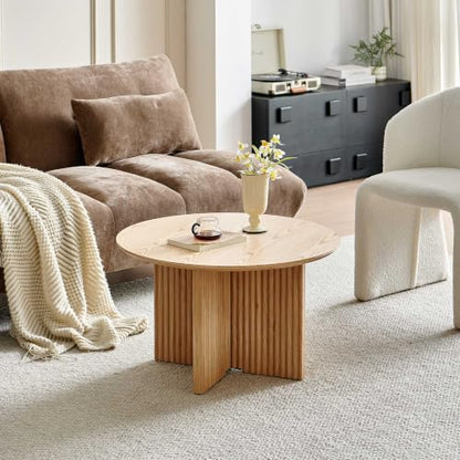 27" Round Coffee Table, Mid Century Modern Coffee Tables with Fluted Base, Wooden Circle Accent Center Table for Living Room Small Space Apartment Office, Oak - color: Oak, size: 27" Cross-leg Table