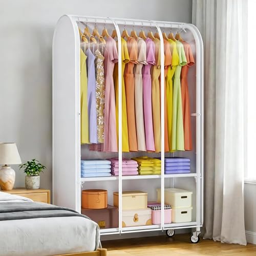 Univivi Heavy Duty Clothing Rack with Dust Cover and Bottom Storage Shelf | 360° Rotation Wheels, Tool-Free Quick Assembly, 2 Durable Zippers, Portable Closet Rack with Cover for Hanging Clothes - color: White Rack with White Cover