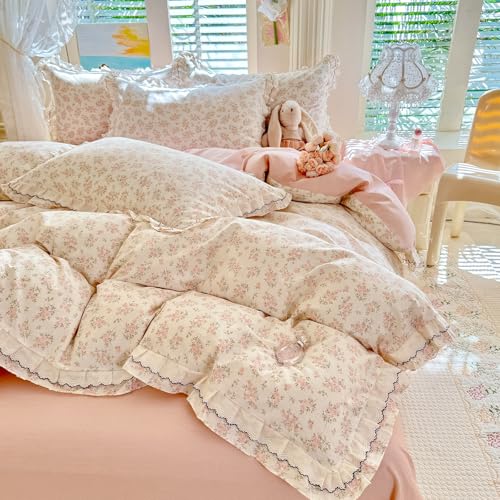 mixinni Shabby Chic Floral Duvet Cover Set Queen, 100% Cotton Cottagecore Bedding with Double Ruffle Lace Trim, Reversible Pink Rose Flower Vintage Farmhouse Comforter Cover with Zipper & Corner Ties - color: B2 # Ruffle Lace - Romantic Blush Floral, size