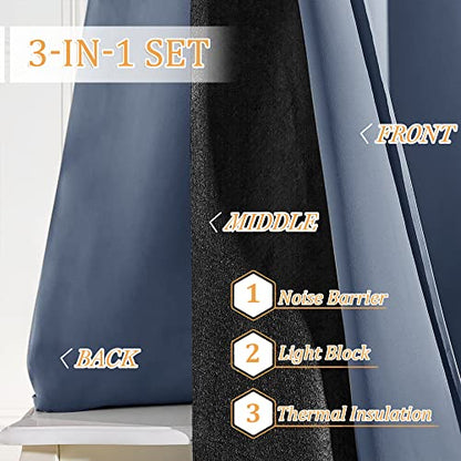 RYB HOME Noise Reducing Curtains, 3 Layers Total Blackout Curtains | Thermal Insulated, Energy Efficiency Heavy Duty, Grommet, For Kids Room Studio Bedroom, W52 x L63, Stone Blue, 2 Panels - color: Stone Blue, size: 52"W x 63"L (Pack of 2)