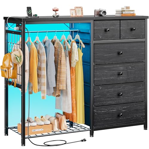 EnHomee 125cm W 드레서, 걸이용 랙 및 서랍 6개, 그리드 패널 및 후크 4개 포함 | LED 조명 및 충전 스테이션, 침실용 나무 상단 정리 유닛, 스틸 프레임이 있는 서랍장, 블랙 - color: 블랙.