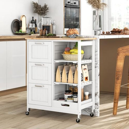 COSTWAY Kitchen Storage Island Cart on Wheels, Kitchen Rolling Trolley Cart | with 3 Drawers and Shelves, 360° Wheels & Detachable Tray, Kitchen Island for Dining Room, Living Room & Bedroom - color: White