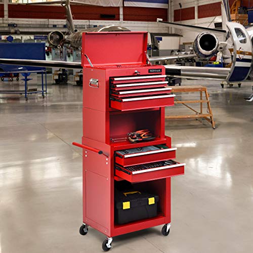 Goplus Tool Chest, 3-in-1 Rolling 6 Drawers Tool Cabinet with Detachable Top Toolbox, Middle Tool Storage, Universal Lockable Wheels, Protective Liner, Auto Lock, Metal Tool Box for Garage Workshop - color: Red, style: 6-Drawers with Middle Box