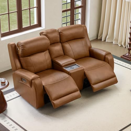 CHITA Genuine Leather Power Recliner Sofa, Loveseat with Console, Saddle | Wall Hugger, Genuine Leather, Reclining, Power Headrest, Dual Motor, USB Charging Ports, with Console - color: Saddle, size: Loveseat with Console