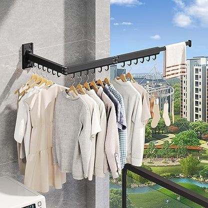 Wall Mounted Tri-Fold Clothes Drying Rack, Heavy Duty Collapsible Laundry Drying Rack, Space-Saving Retractable Foldable Drying Rack Clothes for Laundry Room Balcony Bathroom,Black-Hooks - style: Black-Hooks