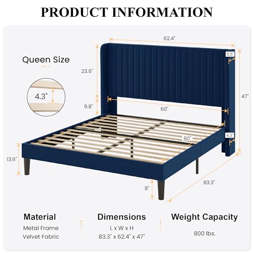 SHA CERLIN Queen Size Velvet Bed Frame, Tufted Wingback Headboard, Blue | 47'' Modern Vertical Channel Headboard, Upholstered Platform Bed, Wood Slats, No Box Spring Needed, Easy Assembly, Noise Free - color: Blue, size: Queen