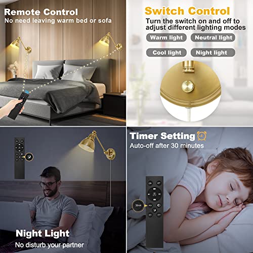 GOODATE Plug in Wall Sconces Set of Two with Remote, Stepless Colors 2700K-6500K & Stepless Dimming, Premium Golden Finish, Plug in Wall Light with Night Light & Timer, LED Bulbs Included - size: Gold-2 PACK(Bulbs+Remote)