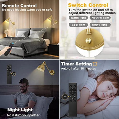 GOODATE Plug in Wall Sconces Set of Two with Remote, Stepless Colors 2700K-6500K & Stepless Dimming, Premium Golden Finish, Plug in Wall Light with Night Light & Timer, LED Bulbs Included - size: Gold-2 PACK(Bulbs+Remote)