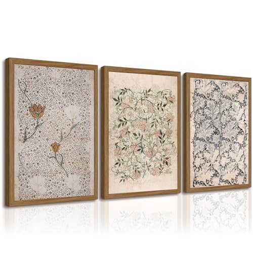 Vintage William Morris Wall Art Framed Decor Boho Floral Botanical Canvas Pictures Abstract Neutral Flower Prints Vintage Farmhouse Artwork Painting for Living Room Bedroom 12x16 Inch Set of 3 - color: Antique Floral Prints, size: 12"x16" Wood Framed