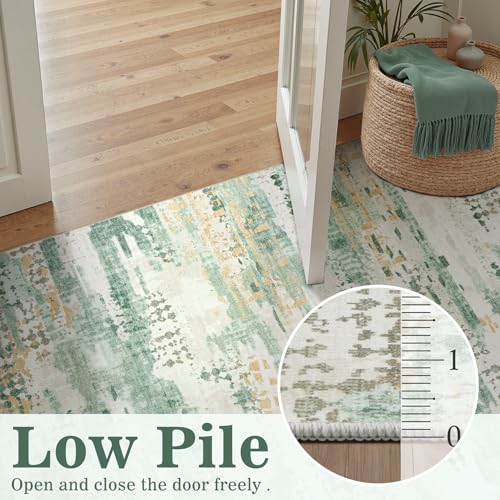DCX Washable Abstract Area Rug 2x8, Non Slip Low Pile Rug, Sage Green | Easy to clean, non-shedding, soft, kid & pet friendly, with a non-slip rubber backing for living rooms, bedrooms, and offices - color: Green & White, size: 2' x 8'