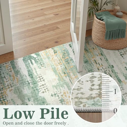 DCX Washable Abstract Area Rug 2x8, Non Slip Low Pile Rug, Sage Green | Easy to clean, non-shedding, soft, kid & pet friendly, with a non-slip rubber backing for living rooms, bedrooms, and offices - color: Green & White, size: 2' x 8'