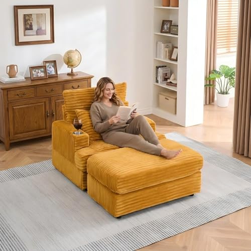 Eafurn 39" Corduroy Modular Accent Chair with Movable Ottoman, Comfy Living Room Armchair with Cup Holder, Soft Upholstered Wide Single Lounge Chaise Chair for Bedroom, Office or Reading Nook - color: Yellow 39"