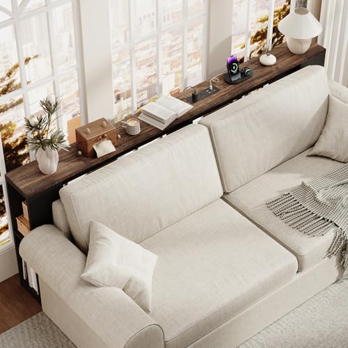 BROTTAR 79" Long Behind Couch Table with LED Lights and Power Outlet, Brown | Industrial Behind Sofa Table with Bookcase & Human Body Sensor, Skinny Console Table with Storage for Living Room