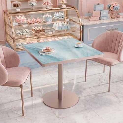 31.5'' Tulip Table, Square Dining Table with Glossy Sintered Stone Tabletop | Rose Gold Aluminum Alloy Edge & Pedestal, Small Bistro Table for Dining Room/Café/Small Spaces/Restaurant (Aqua Jade) - color: Aqua Jade (Rose Gold), size: Square