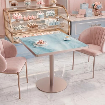 31.5'' Tulip Table, Square Dining Table with Glossy Sintered Stone Tabletop | Rose Gold Aluminum Alloy Edge & Pedestal, Small Bistro Table for Dining Room/Café/Small Spaces/Restaurant (Aqua Jade) - color: Aqua Jade (Rose Gold), size: Square