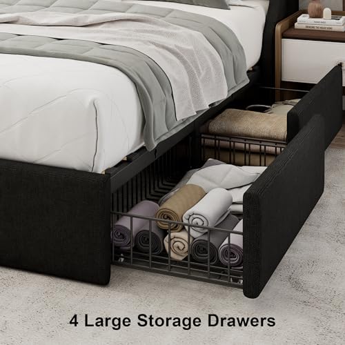 Einhomn Queen Bed Frame with 4 Storage Drawers, Upholstered Modern Bed Frame with Wingback Headboard, Charging Station, No Box Spring Needed, Easy Assembly, Black - color: Black, size: Queen