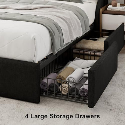 Einhomn Queen Bed Frame with 4 Storage Drawers, Upholstered Modern Bed Frame with Wingback Headboard, Charging Station, No Box Spring Needed, Easy Assembly, Black - color: Black, size: Queen