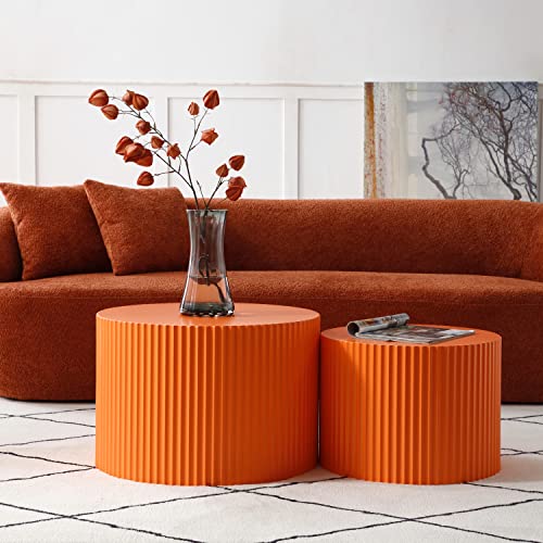 JUSTONE Round Nesting Coffee Table Set of 2 - Space-Saving Orange Modern Wooden Accent Tables for Small Spaces, Handcrafted Wood Side/End/Bedside Tables for Living Room & Bedroom - color: 23.62" Round-orange