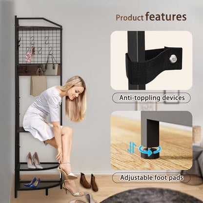 Corner Coat Rack, Coat Rack with Shoe Storage, Hall Tree with Bench and Shoe Storage, Freestanding Shelves with 14 Hook for Entryway, Hallway,Bedroom (Corner)