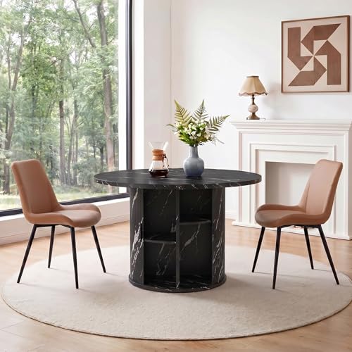 3-Piece Round Dining Table Set for 2, 47-Inch Modern Faux Marble Dining Table with Half-Open Storage Shelf, Upholstered Dining Chairs with Thick Cushions (Black Faux Marble Table + 2 Brown Chairs) - color: Black Faux Marble Table + 2 Brown Chairs-196, siz