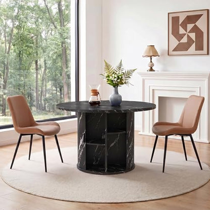 3-Piece Round Dining Table Set for 2, 47-Inch Modern Faux Marble Dining Table with Half-Open Storage Shelf, Upholstered Dining Chairs with Thick Cushions (Black Faux Marble Table + 2 Brown Chairs) - color: Black Faux Marble Table + 2 Brown Chairs-196, siz