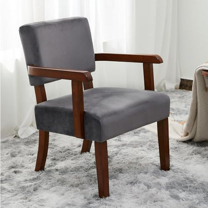 Velvet Accent Chair, Armchair with Solid Wood Frame and Legs, Gray | Living Room Chairs with Soft Thicken Cushion, Comfy Reading Chair for Bedroom, Waiting Room, Home Office, Easy Assembly - color: Velvet Gray, size: One Chair