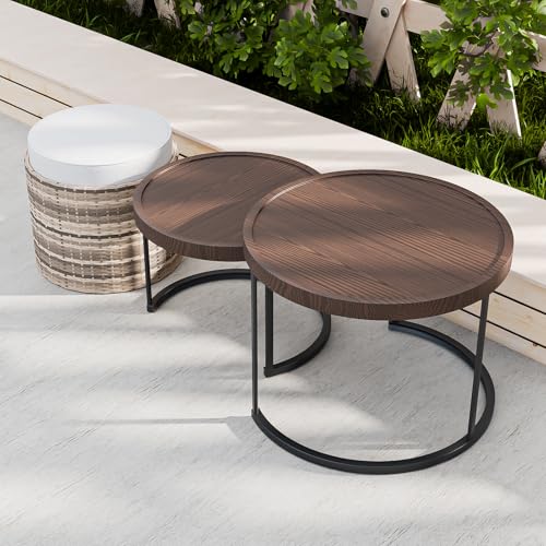 Cabana Chic Nesting Tables with Ottomans, Outdoor Round Side Table, Nesting Coffee Table Set, 2 Tables 1 Ottoman, Brown/Beige - color: Brown/Beige