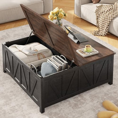 chartustriable 43.3“ Lift Top Coffee Table with Storage, Farmhouse Coffee Table with Large Hidden Storage Compartment and Shelves，Square Center Tables for Living Room, Tea Table Black - color: Black