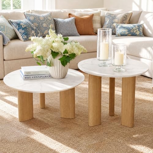 Nesting Coffee Table Set of 2, Marble Top, 2-Tone, Round End Tables | 1.2" Thick Faux Marble Top, Mid-Century Modern Style, Use as Nesting Table, Tea Table, Sturdy MDF, 20-Min Quick Assembly - color: Marble