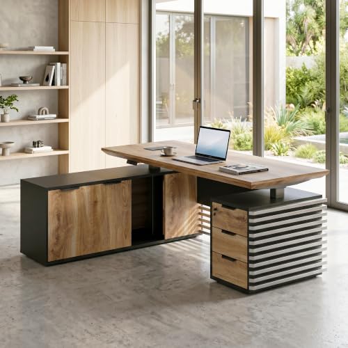 SAINTCY L Shaped Executive Standing Desk with Drawers, 78.74In Large Adjustable Heigh Desk with Power Outlet Hub,2.56" Thick Floating Desktop,for Home Office, Studio - color: Left, size: 62.99"D x 78.74"W x 29.5"H