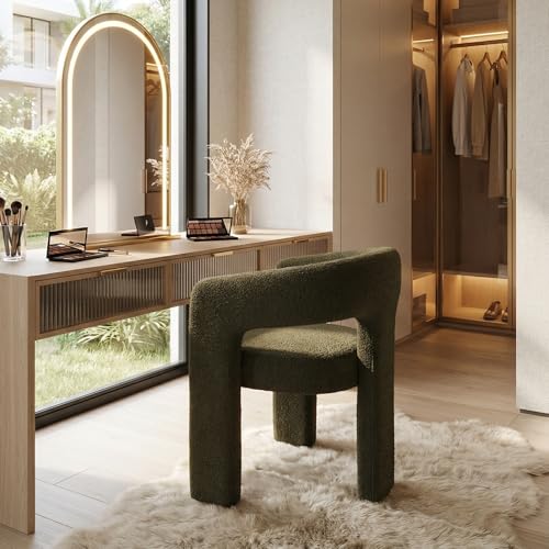 HNY Modern Sherpa Barrel Single Dining Chair, Green | Upholstered Accent Armchair With 18.20" Wide Seat No Assembly Required For Living Room Bedroom Vanity Small Spaces - color: Green Sherpa