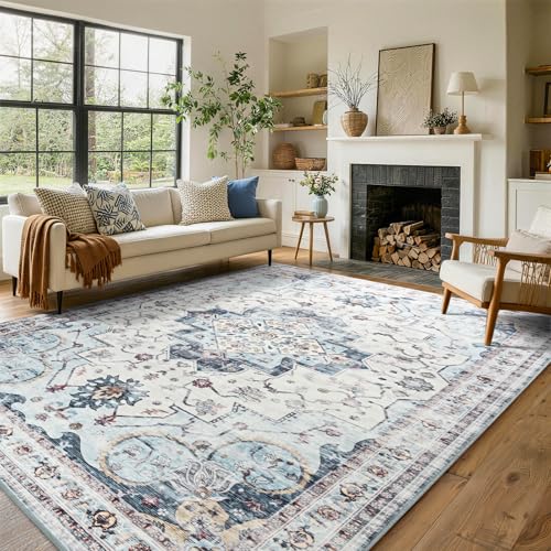 8x10 Area Rugs for Living Room Bedroom Soft Vintage Washable Rug Decor Blue | Soft Low-Pile Stain Resistant Large Indoor Carpet With Non Slip Backing for Dining Room Nursery,Thin,Foldable,Home Decor - color: 25f01-blue, size: 8' x 10' (Rectangular)