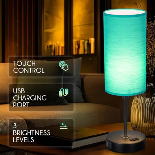 Table Lamp with USB Port - Teal Desk Lamp, Green Touch Lamp, Bedside Lamps, 3 Way Dimmable Small Lamps for Bedroom, Nightstand, Nursery, Dorm, Home, Office, Black Base+ Green Lampshade - color: Green