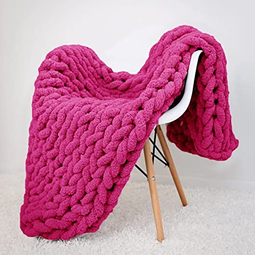 Chunky Knit Blanket Fuchsia Chenille Yarn Tight Chunky Knit Throw Blanket for Sofa Bed 39x39 Handmade Boho Bed Throw - color: Fuchsia, size: 39x39"