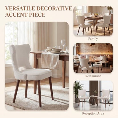 Wooden Dining Chairs Set of 6, Mid Century Dining Room Chairs with Solid Wood Legs, Upholstered Fabric Kitchen Chairs with Ergonomic Curved Backrest for Kitchen Dining Room, Beige - color: Beige, size: Set of 6