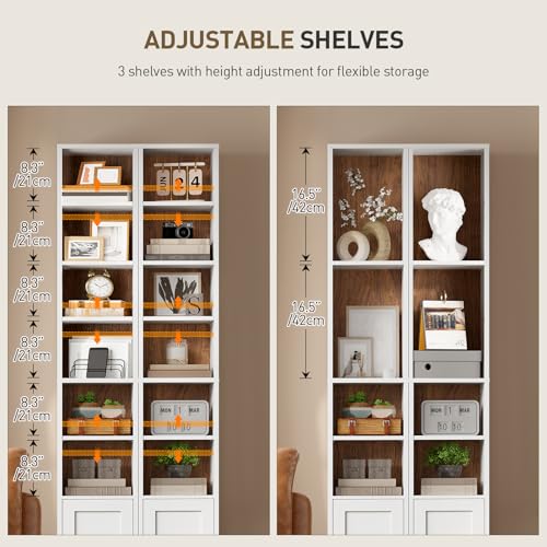 7-Tier Tall Narrow Bookshelf with Door, 70.9 Inches CD DVD Slim Media Tower Rack with Storage Cabinet, Adjustable Shelves, Skinny Bookshelf Display Bookcase for Home Office, White and Walnut - color: White + Walnut