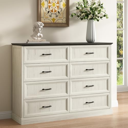 Farmhouse 8 Drawer Dresser for Bedroom, 55" White Dresser with TV Stand | Wide Dresser with Large Drawers & Bar Handles, Rustic Wood Chest of Drawers for Living Room, Hallway, Entryway. - color: White, size: 16"D x 55"W x 41"H (8 Drawers)
