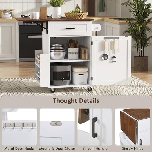 39.3"Farmhouse Kitchen Island with Open Side Rack and Drop Leaf and,Small Kitchen Rolling Cart with Drawer and Storage Cabinet, Narrow Mobile Dining Table with Lockable Wheels and Towel Rack White - color: White