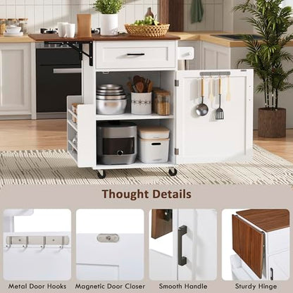 39.3"Farmhouse Kitchen Island with Open Side Rack and Drop Leaf and,Small Kitchen Rolling Cart with Drawer and Storage Cabinet, Narrow Mobile Dining Table with Lockable Wheels and Towel Rack White - color: White