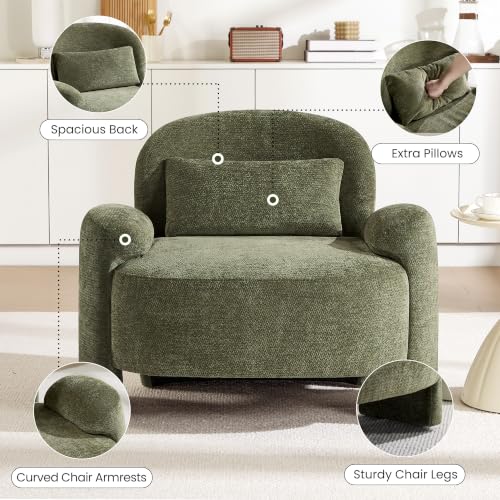 Accent Chair for Living Room, Modern Chenille Fabric Lounge Reading Sofa Chair with Lumbar Pillow, Upholstered Arm Chairs for Bedroom, Office, Green - color: Green