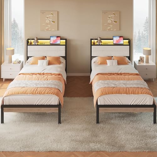 LIKIMIO Twin XL Bed Frame with Headboard, LED Lights and Charging Station | Upholstered sherpa storage headboard with LED & charger; heavy-duty slats; noise-free; modern elegance; natural and cream - color: Natural and Cream, size: Twin XL
