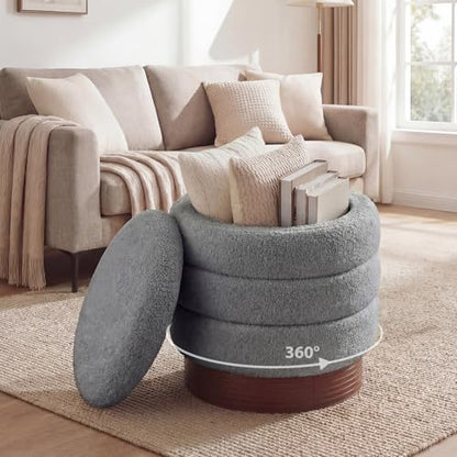 Giantex Round Ottoman with Storage, 360° Swivel Boucle Vanity Stool with Removable Lid, No Assembly Ottoman Foot Rest for Living Room, Bedroom, Makeup Room (Gray & Brown)