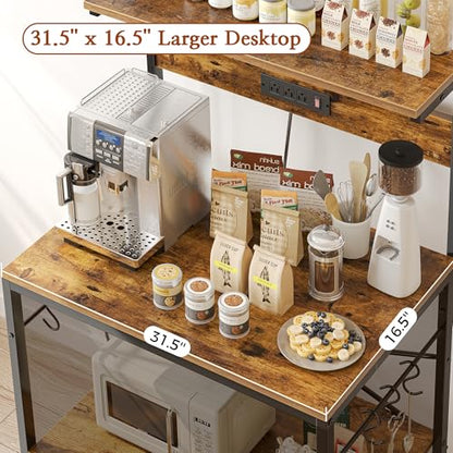 SUPERJARE Bakers Rack with Power Outlets, Microwave Stand, 31.5 X 16.5 Inch Larger Desktop, Kitchen Storage Rack with Adjustable Middle Shelf, 6 S-Shaped Hooks, Coffee Bar Stand, Rustic Brown - color: Rustic Brown, size: 31.5 inch