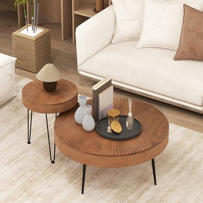 Giantex Boho Round Coffee Table Set of 2, Sofa Side Nesting Table with Solid Pine Wood Top, Metal Legs & Adjustable Foot Pads, 31.5" D Large Table Set for Living Room (Radial Pattern, Brown) - color: Brown, style: Radial Pattern