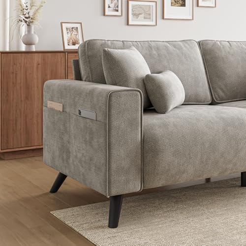 85" Loveseat Sofa, Chenille Couch with Deep Seat, Light Grey | Clean-look modern couch with 4 pillows, hidden side pockets, easy assembly for living rooms, apartments, and offices - color: Light Grey