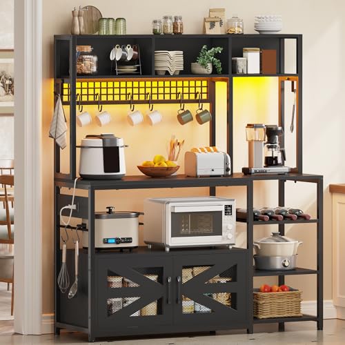 Itaar 47.2 Inch Bakers Rack with Power Outlet, Microwave Stand with Storage, Farmhouse Coffee Bar Cabinet Station with Wine Rack, Iron Mesh and 8-S Hooks (Black) - color: Black