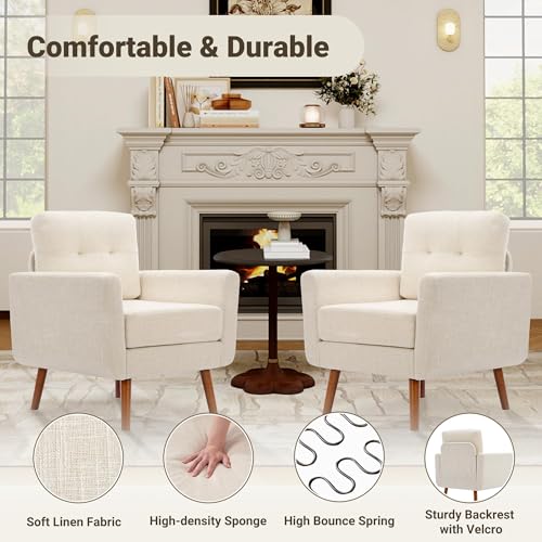 Tbfit Linen Fabric Single Sofa, Accent Chair, Mid Century Modern Armchair for Living Room, Bedroom Button Tufted Upholstered Comfy Reading Sofas, Beige - color: Beige, size: Single