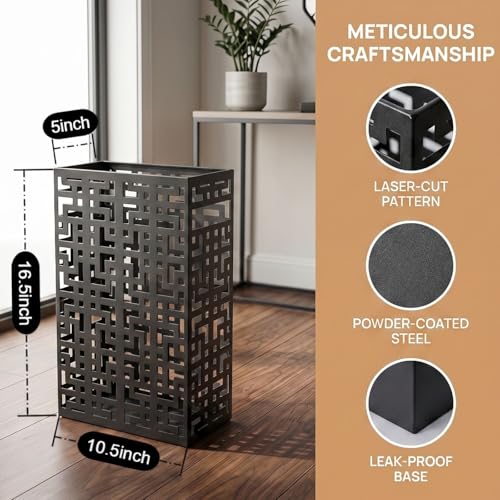 BEWBBAT Umbrella Stand Rack for Entryway, Hollow Metal Holder, FreeStanding Storage Bin for Long Umbrellas, Holds 6-7, Black