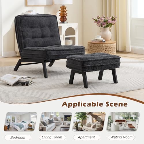 ANJ Armless Accent Chair with Ottoman Adjustable Backrest, Black Living Room Chair Tufted Upholstered Lounge Chair with Footrest Set, Modern Chair Cozy Reclining Chair for Reading Room Bedroom - color: Black, size: 1